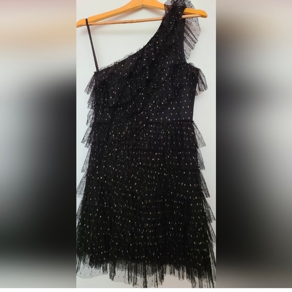 BCBGMaxAzria One Shoulder Black and Gold Tulle Dress - Picture 3 of 13